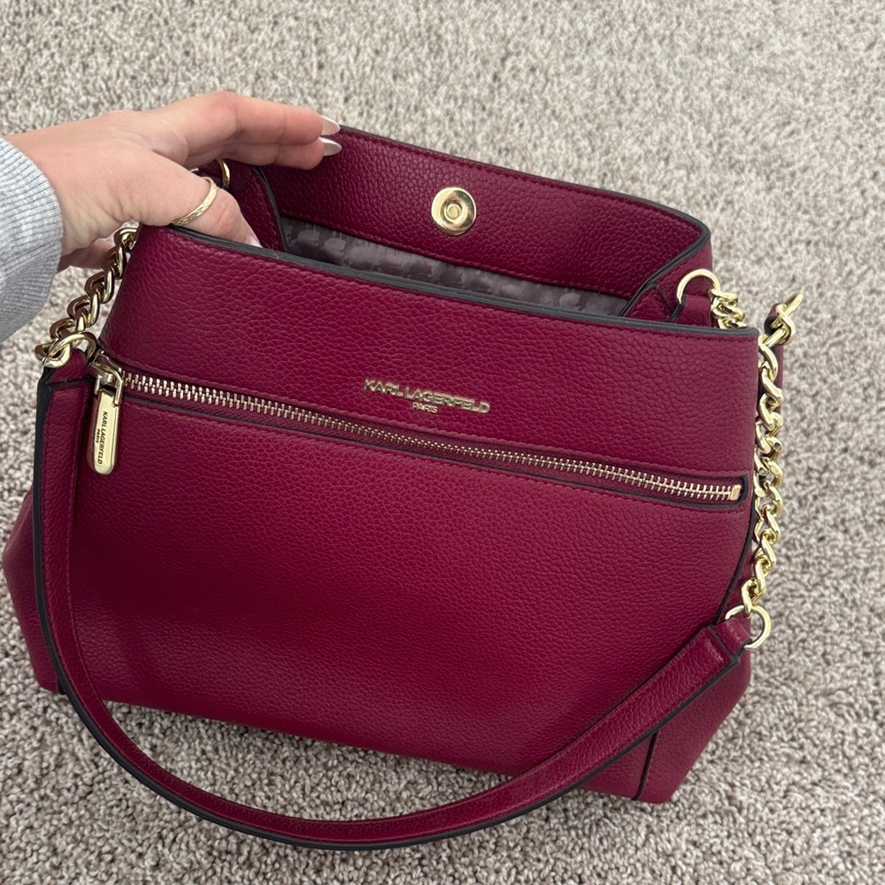 Karl Lagerfeld Deep Red Shoulder Bag with Gold Chain - Picture 3 of 7
